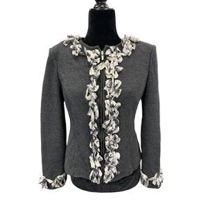 St. John Gray Wool Blend Zip Jacket with Raw Edge Rosette Trim Size 6